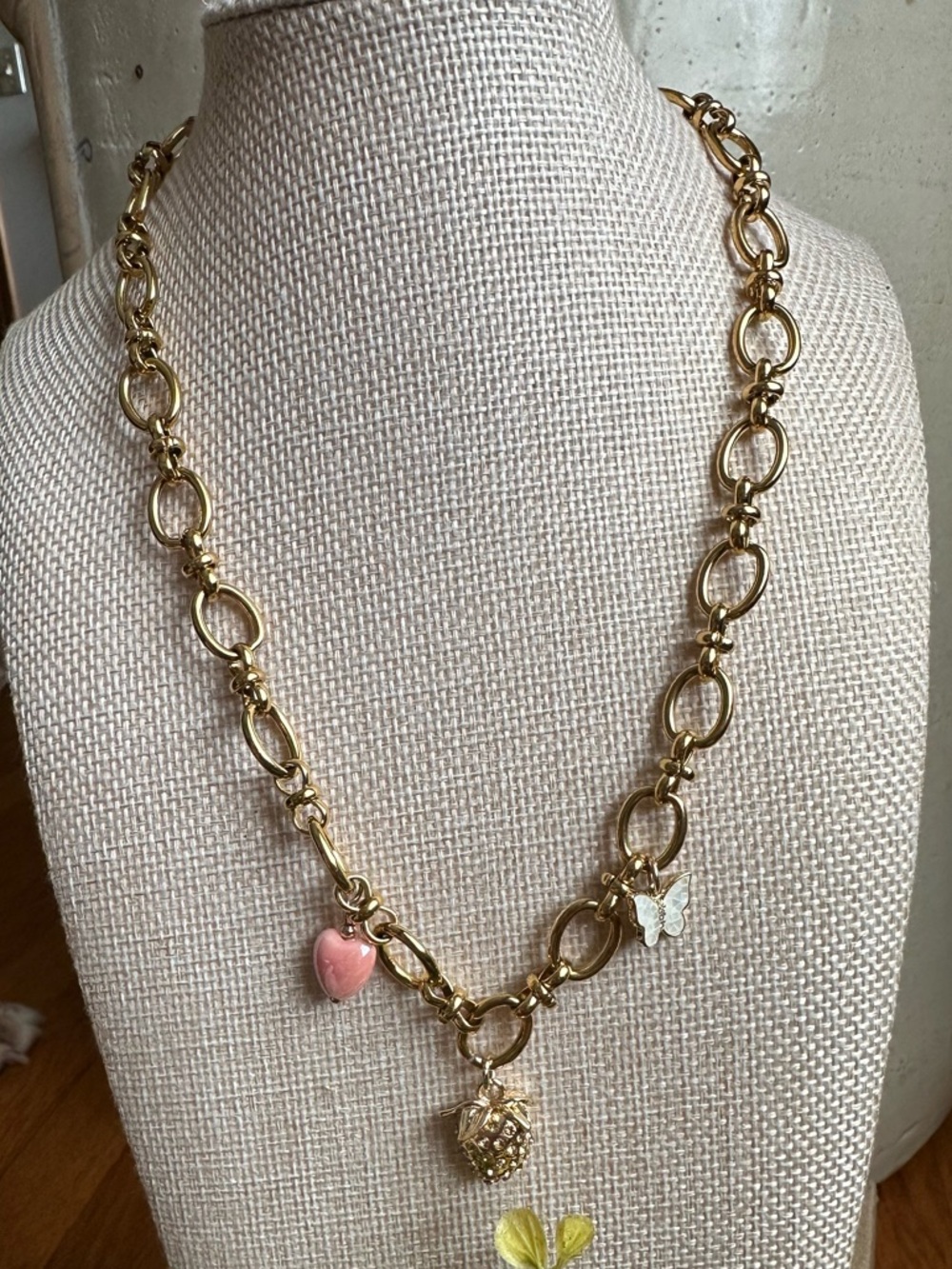 Jessica Santander Gold Link Necklace with Pink Heart and White Butterfly Charms